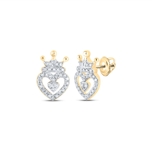 10K Yellow Gold Womens Round Diamond Crown Heart Earrings 1/6 Cttw