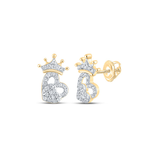 10K Yellow Gold Womens Round Diamond Crown Heart Earrings 1/8 Cttw