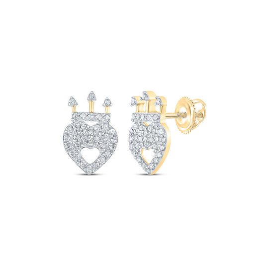 10K Yellow Gold Womens Round Diamond Crown Heart Earrings 1/6 Cttw