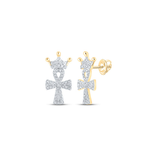 10K Yellow Gold Womens Round Diamond Crown Ankh Cross Earrings 1/4 Cttw