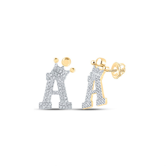 10K Yellow Gold Womens Round Diamond Crown A Letter Earrings 1/3 Cttw