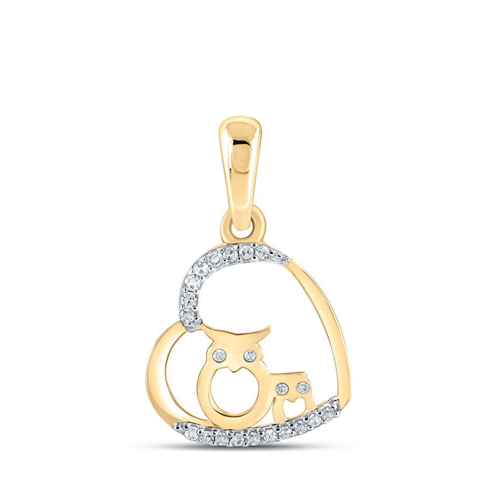 10K White Or Yellow Gold Womens Round Diamond Owl Heart Pendant