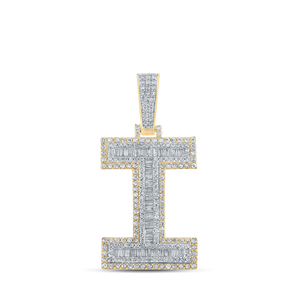 10K Or 14K Two-tone Gold Mens Baguette Diamond Initial Letter Charm Pendant