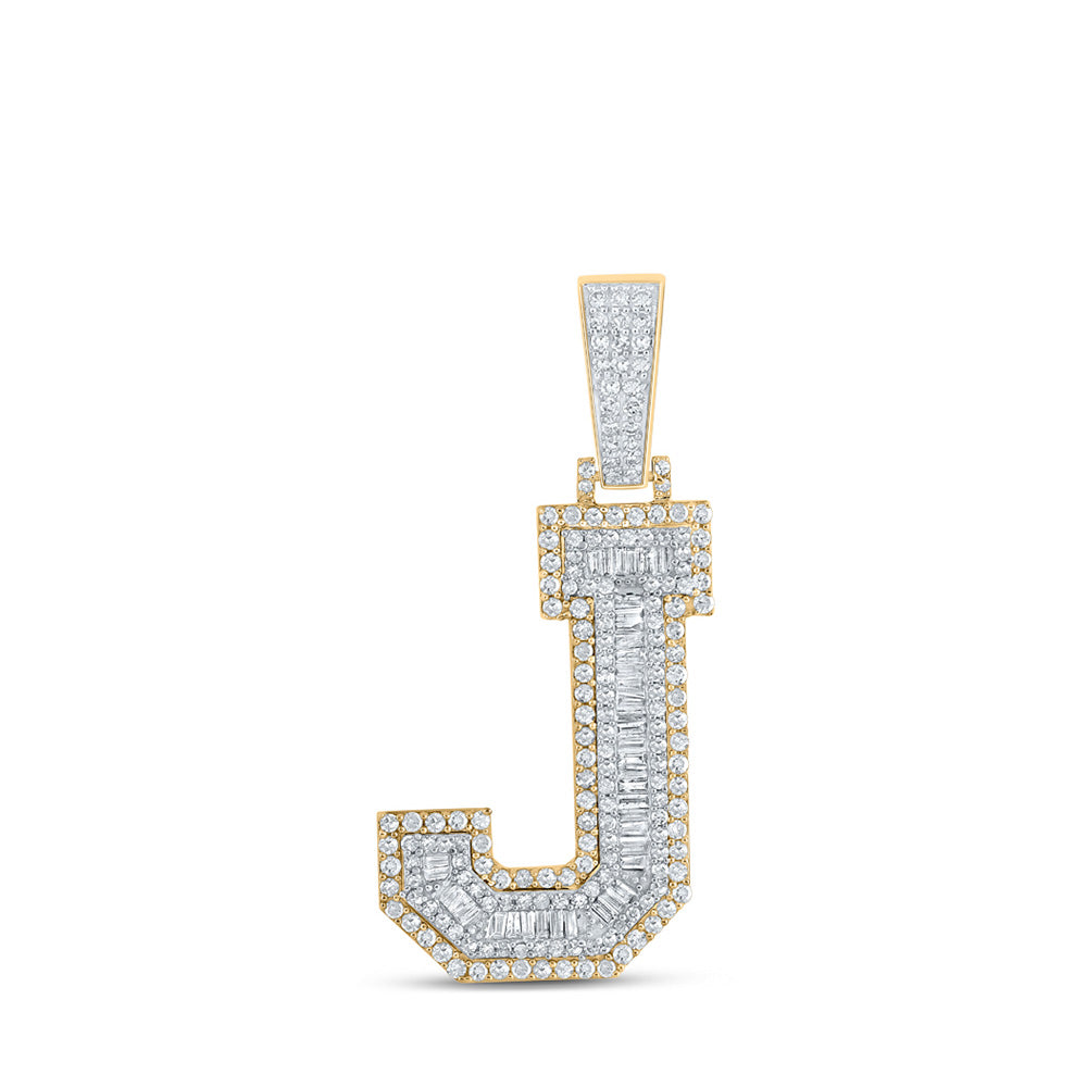 10K Two-tone Gold Mens Baguette Diamond Initial Letter Charm Pendant