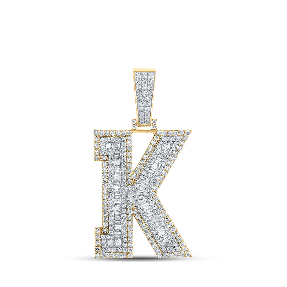 10K Two-tone Gold Mens Baguette Diamond Initial Letter Charm Pendant