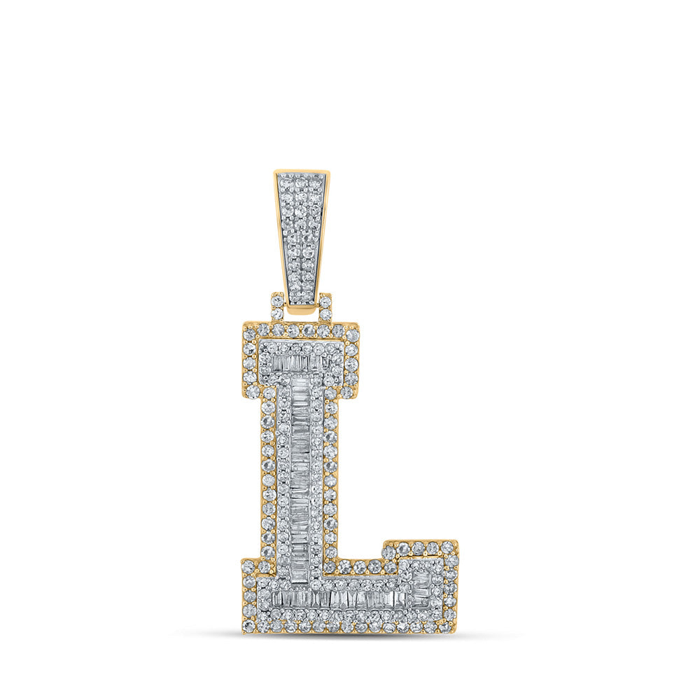 10K Two-tone Gold Mens Baguette Diamond Initial Letter Charm Pendant