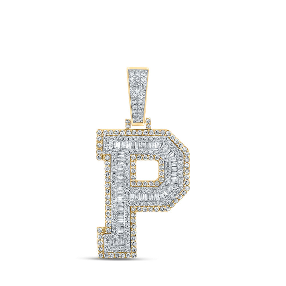 10K Two-tone Gold Mens Baguette Diamond Initial Letter Charm Pendant