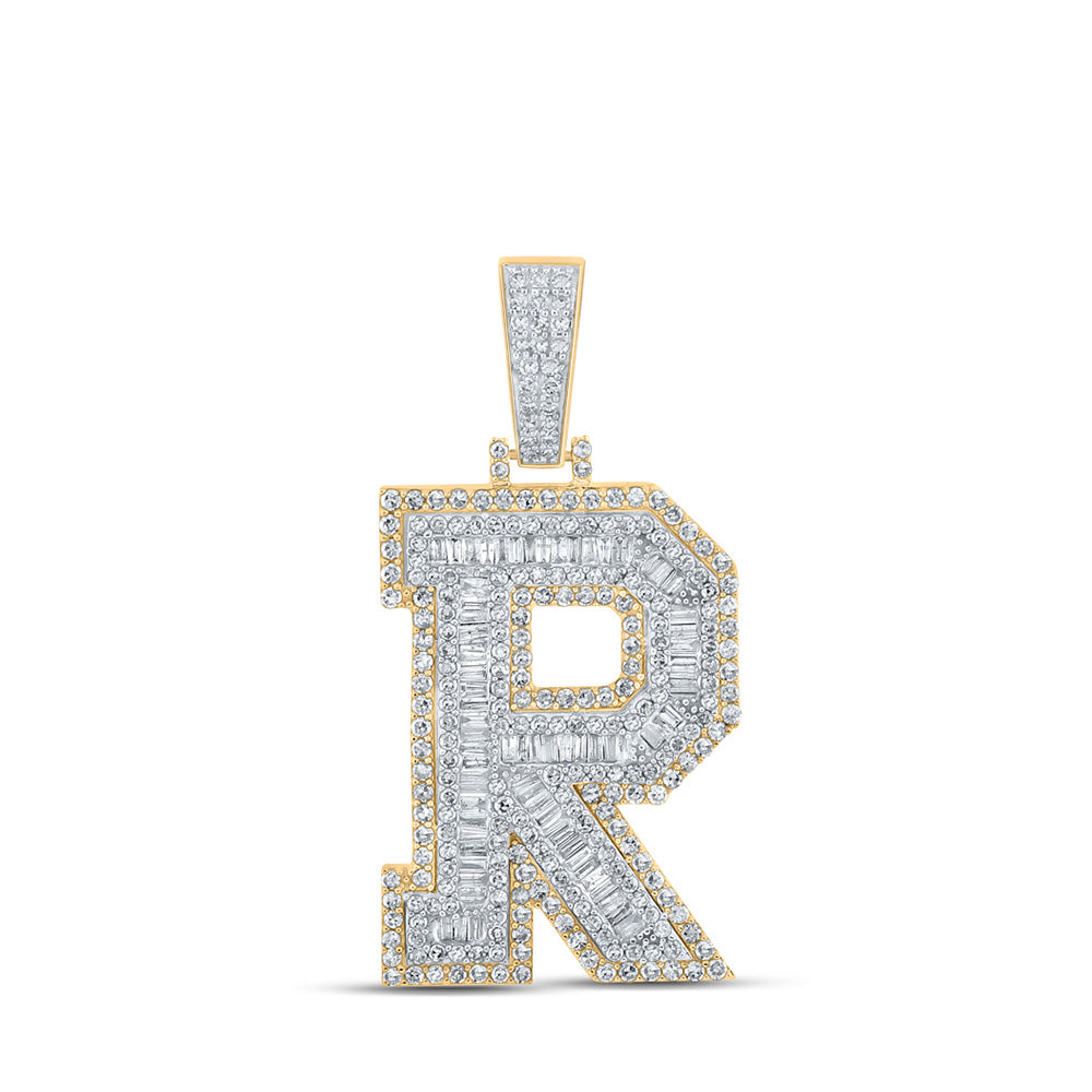 10K Two-tone Gold Mens Baguette Diamond Initial Letter Charm Pendant