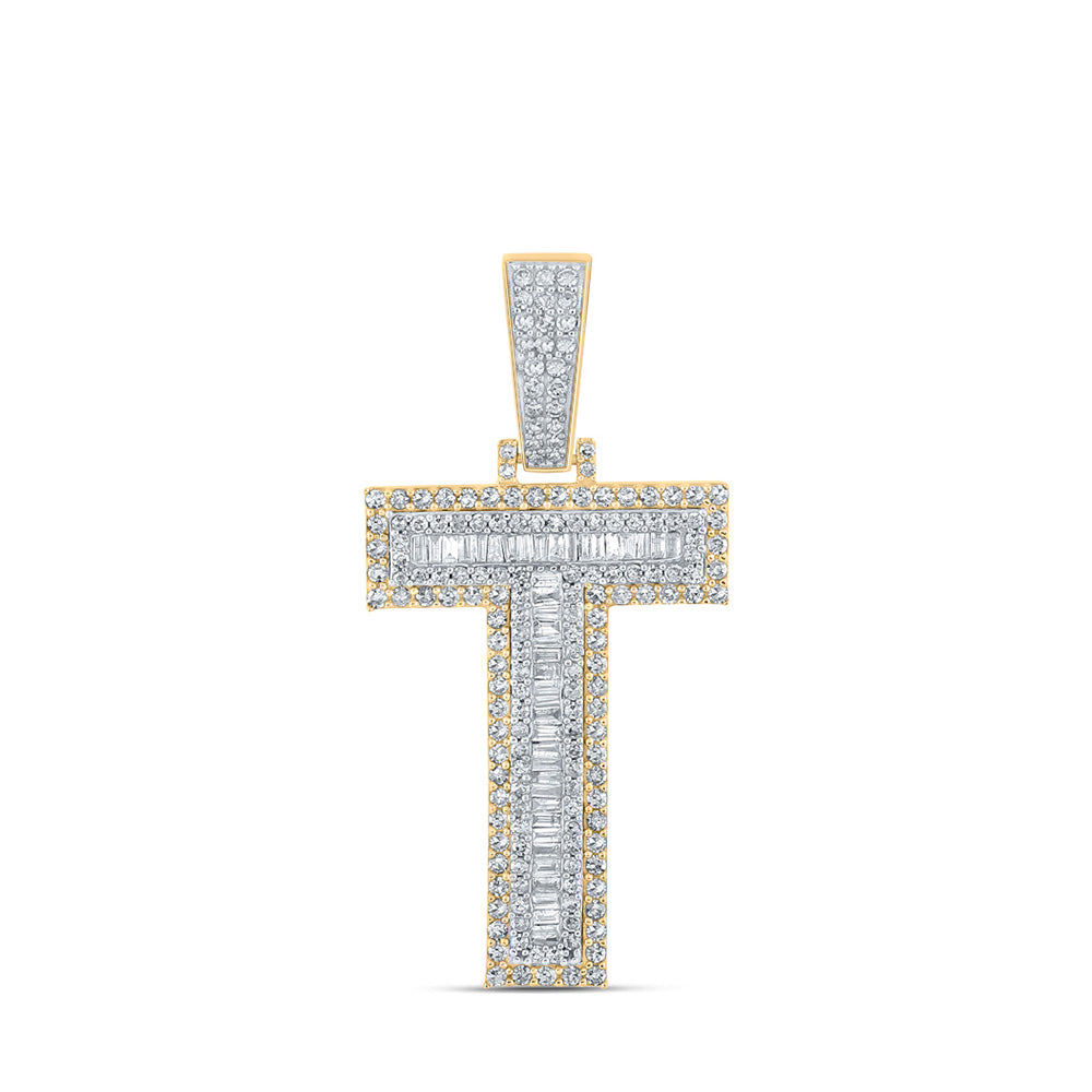 10K Two-tone Gold Mens Baguette Diamond Initial Letter Charm Pendant