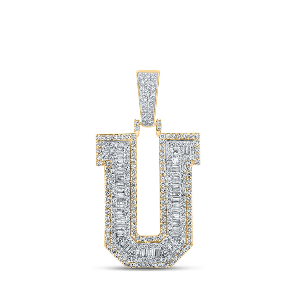 10K Two-tone Gold Mens Baguette Diamond Initial Letter Charm Pendant