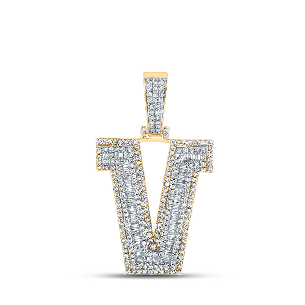 10K Two-tone Gold Mens Baguette Diamond Initial Letter Charm Pendant