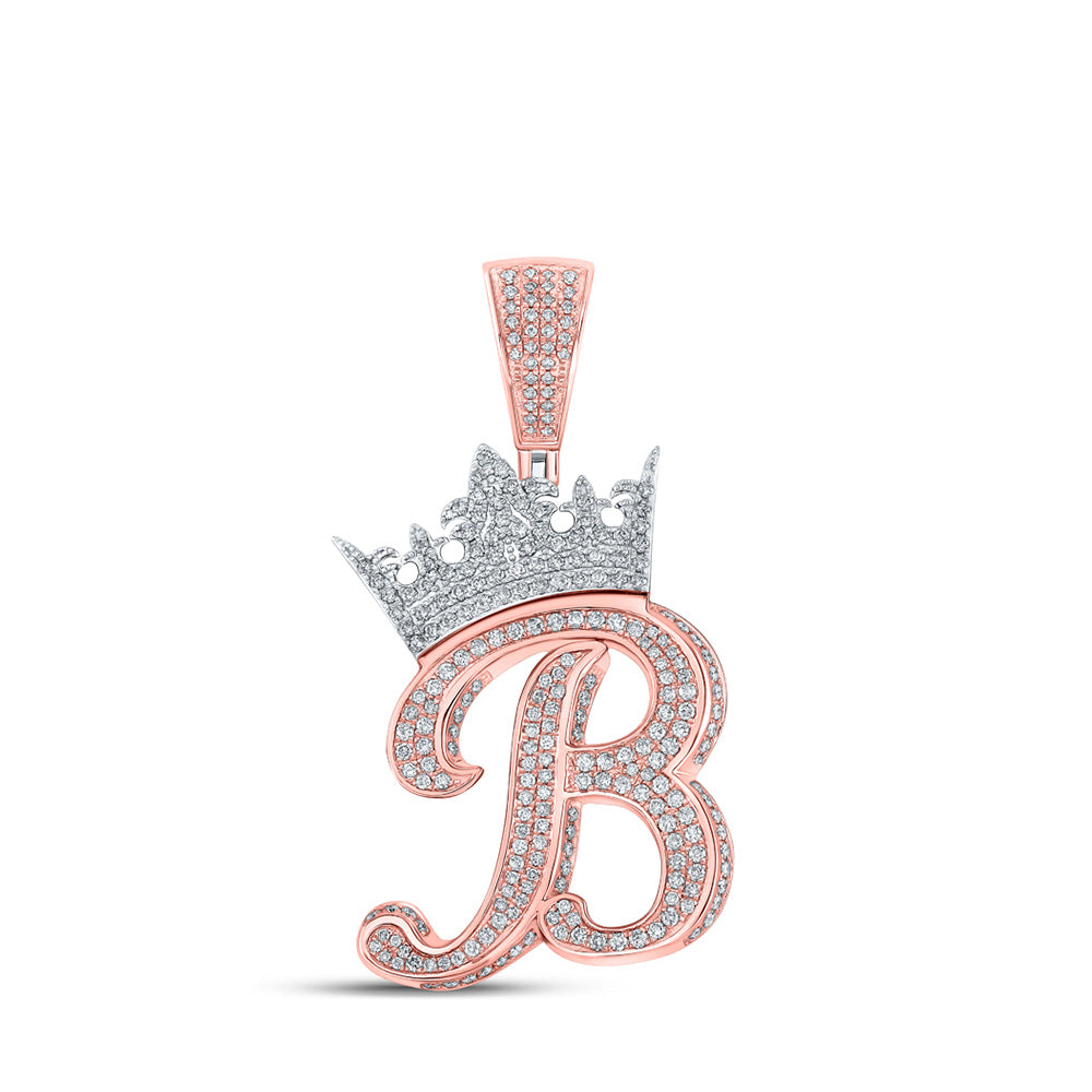 10K Yellow Or Rose Gold Mens Round Diamond Crown Letter Charm Pendant