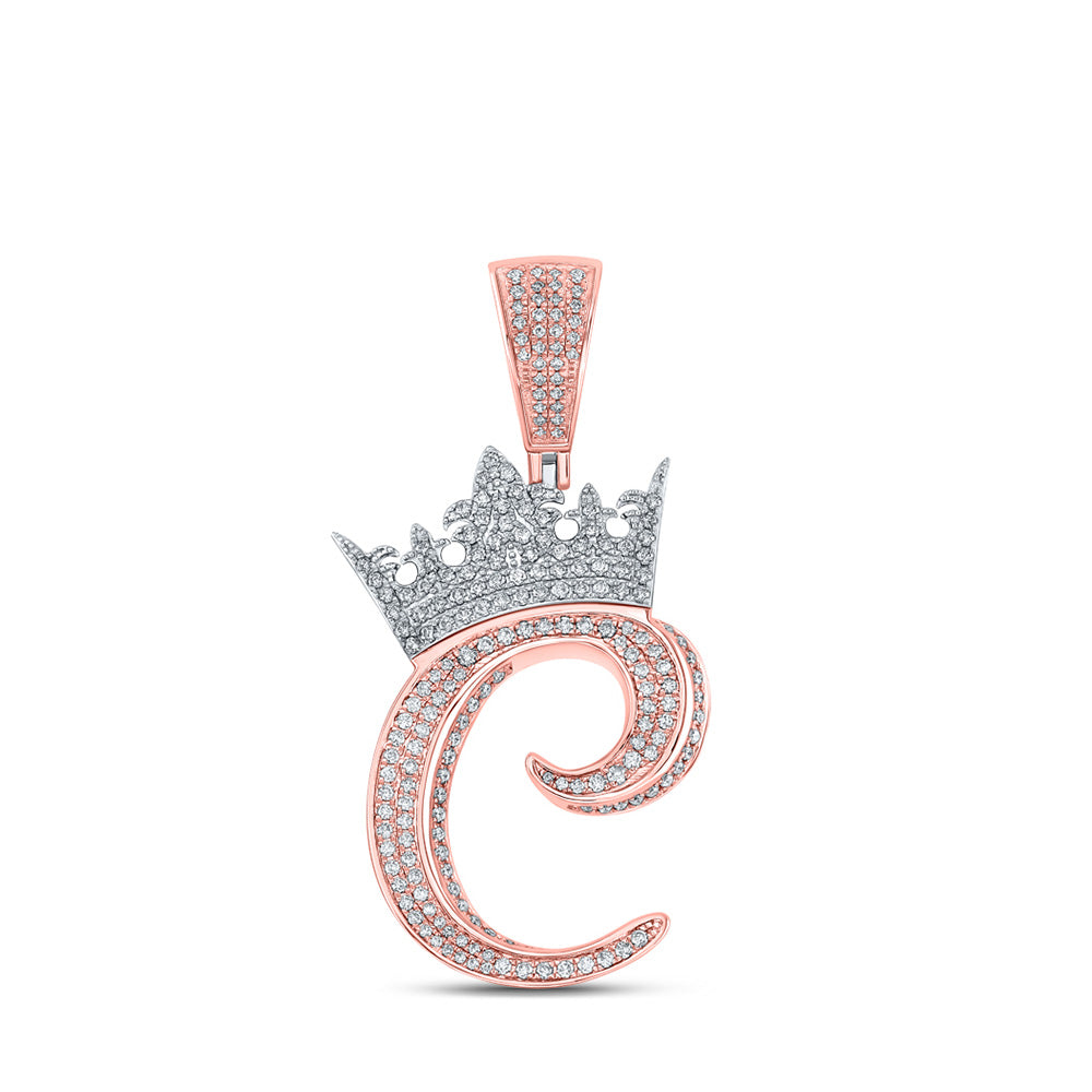 10K Yellow Or Rose Gold Mens Round Diamond Crown Letter Charm Pendant