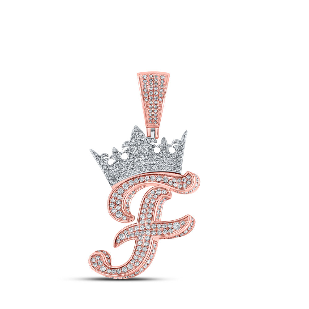 10K Yellow Or Rose Gold Mens Round Diamond Crown Letter Charm Pendant