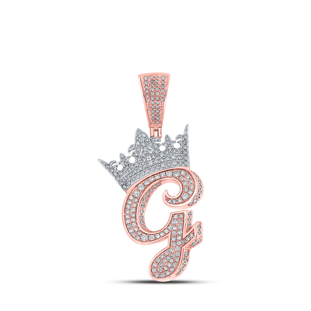 10K Yellow Or Rose Gold Mens Round Diamond Crown Letter Charm Pendant