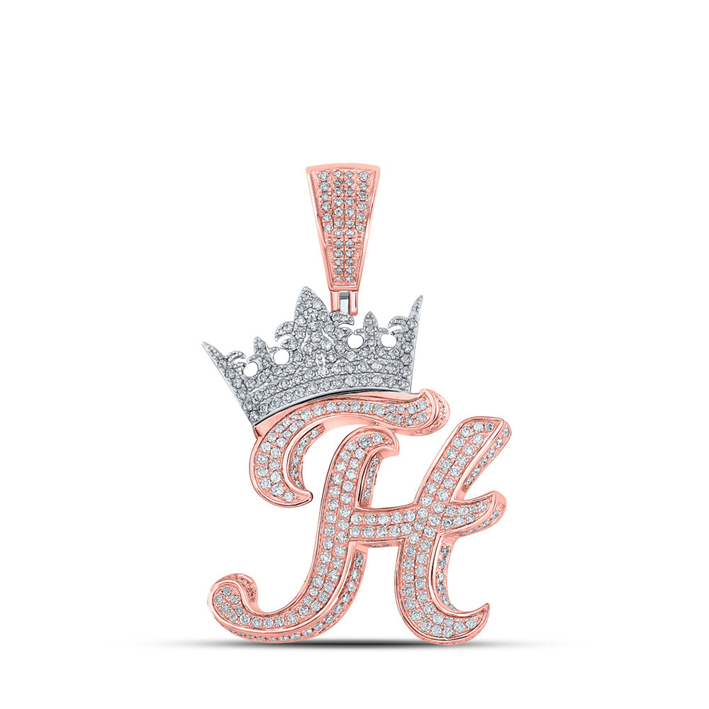 10K Yellow Or Rose Gold Mens Round Diamond Crown Letter Charm Pendant