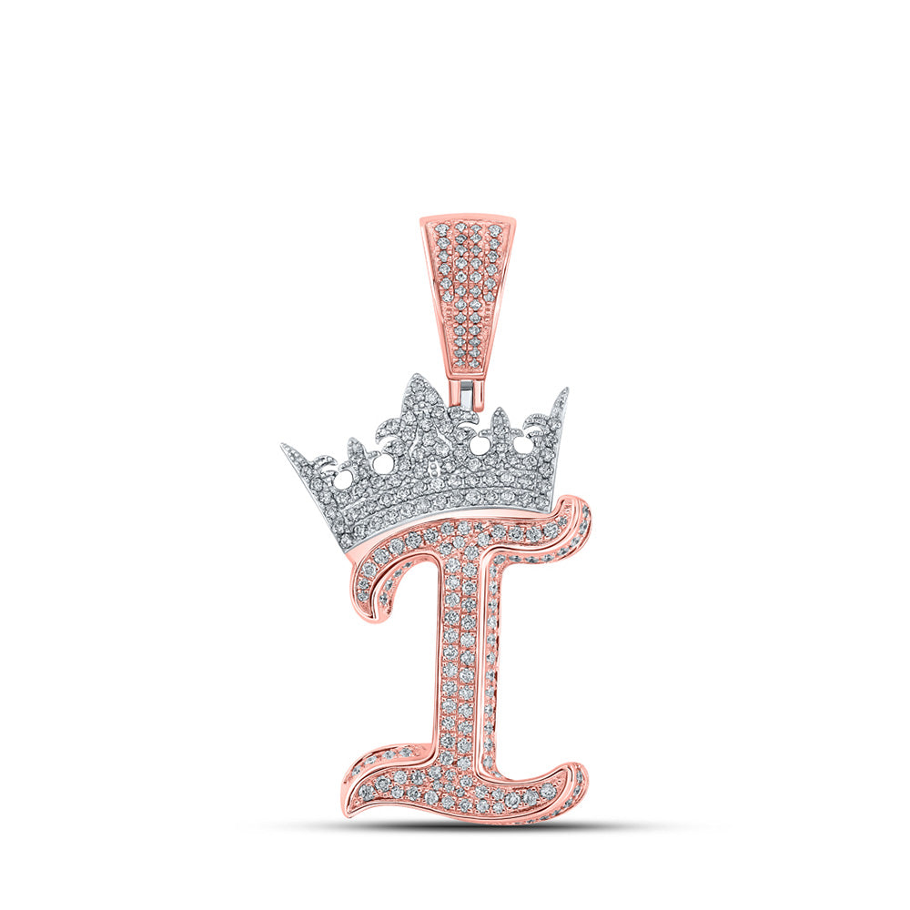 10K Yellow Or Rose Gold Mens Round Diamond Crown Letter Charm Pendant