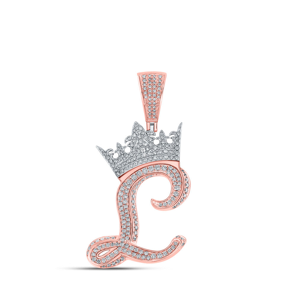 10K Yellow Or Rose Gold Mens Round Diamond Crown Letter Charm Pendant