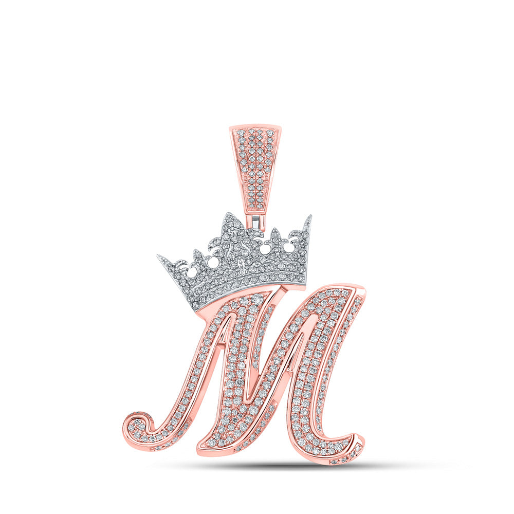 10K Yellow Or Rose Gold Mens Round Diamond Crown Letter Charm Pendant
