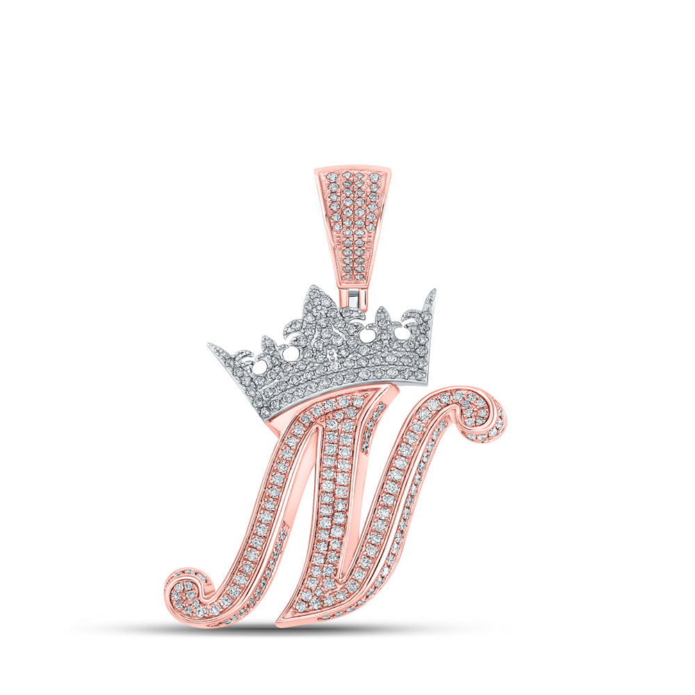 10K Yellow Or Rose Gold Mens Round Diamond Crown Letter Charm Pendant