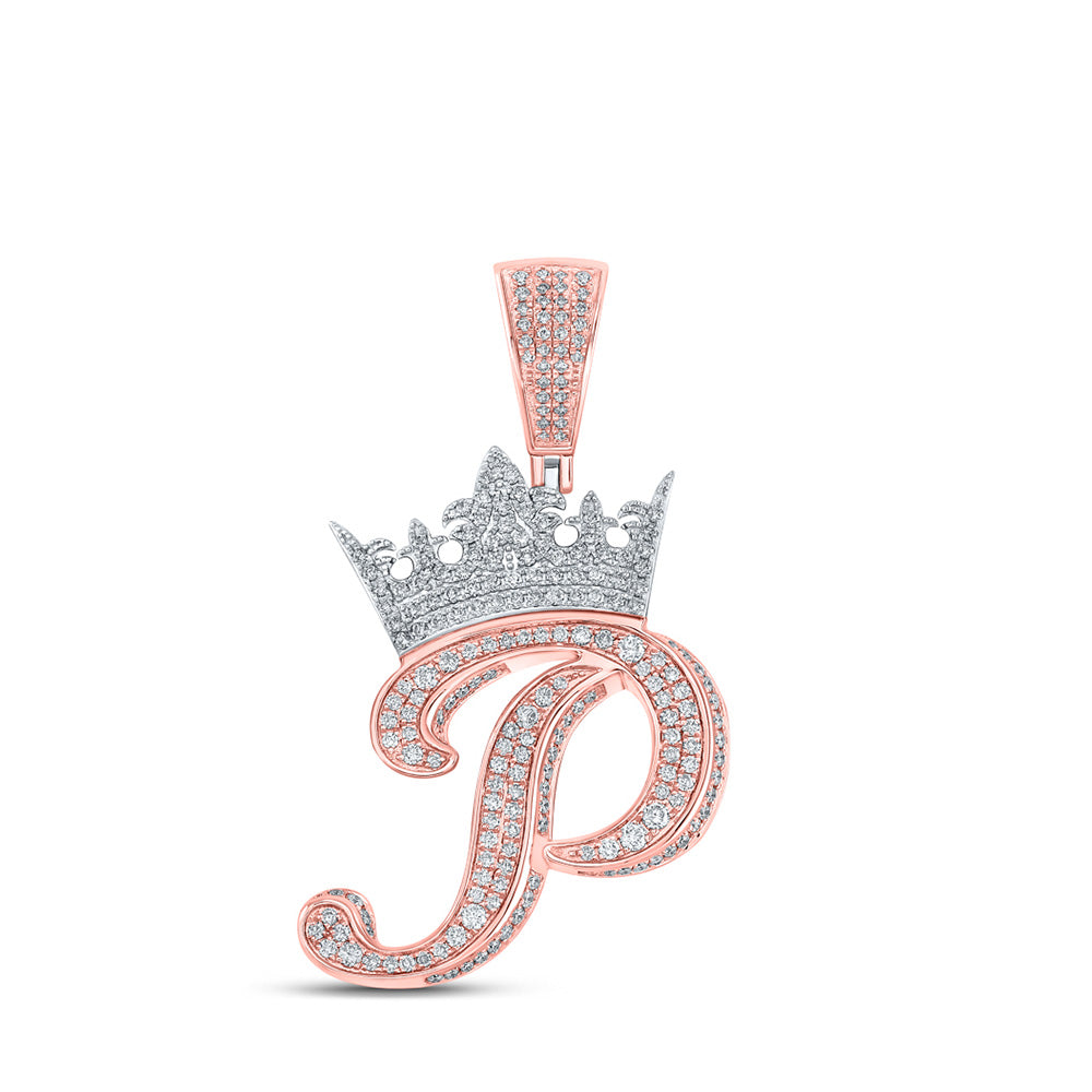 10K Yellow Or Rose Gold Mens Round Diamond Crown Letter Charm Pendant