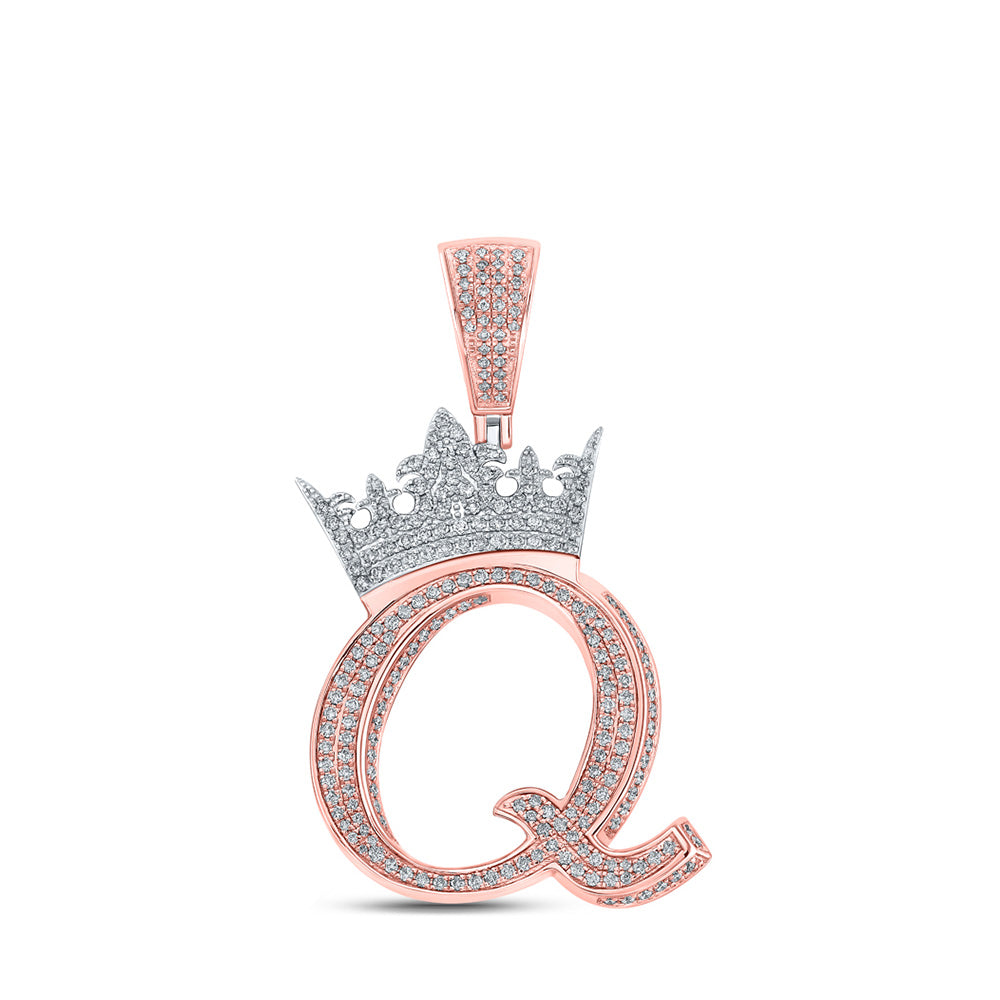 10K Yellow Or Rose Gold Mens Round Diamond Crown Letter Charm Pendant
