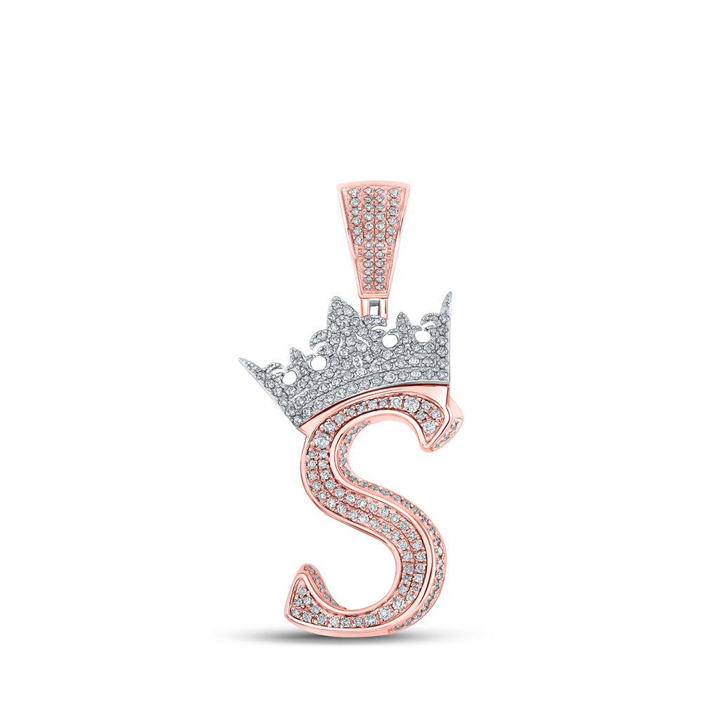 10K Yellow Or Rose Gold Mens Round Diamond Crown Letter Charm Pendant