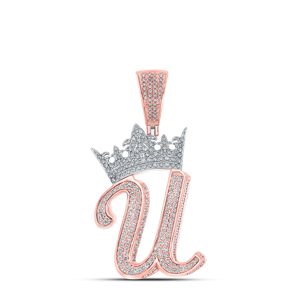 10K Yellow Or Rose Gold Mens Round Diamond Crown Letter Charm Pendant
