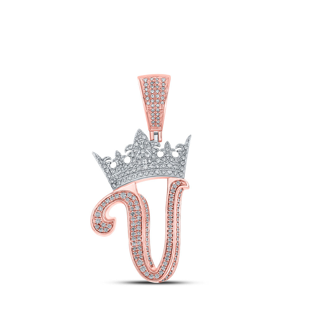 10K Yellow Or Rose Gold Mens Round Diamond Crown Letter Charm Pendant