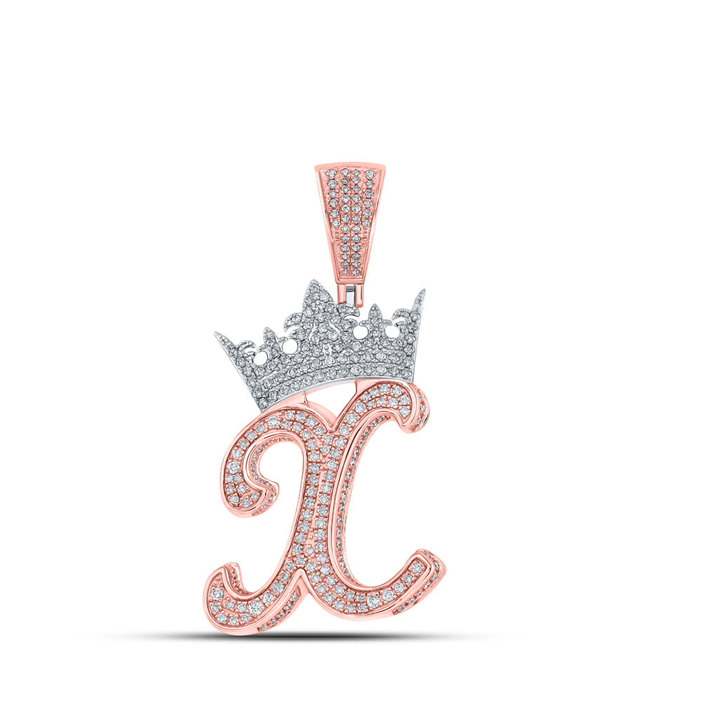 10K Yellow Or Rose Gold Mens Round Diamond Crown Letter Charm Pendant