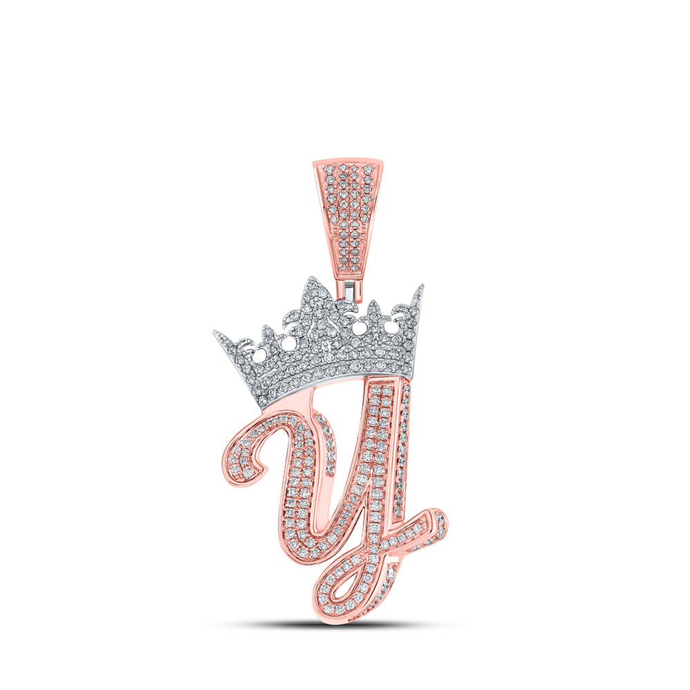 10K Yellow Or Rose Gold Mens Round Diamond Crown Letter Charm Pendant
