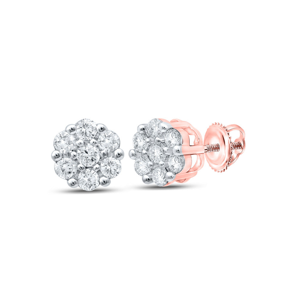 10K Yellow Or Rose Gold Womens Round Diamond Flower Cluster Earrings