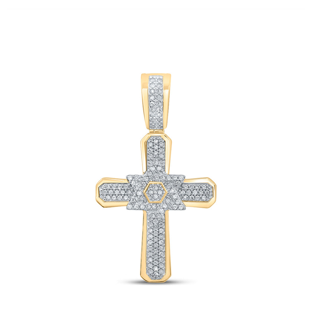 10K Yellow Gold Mens Round Diamond Cross Charm Pendant 1/3 Cttw