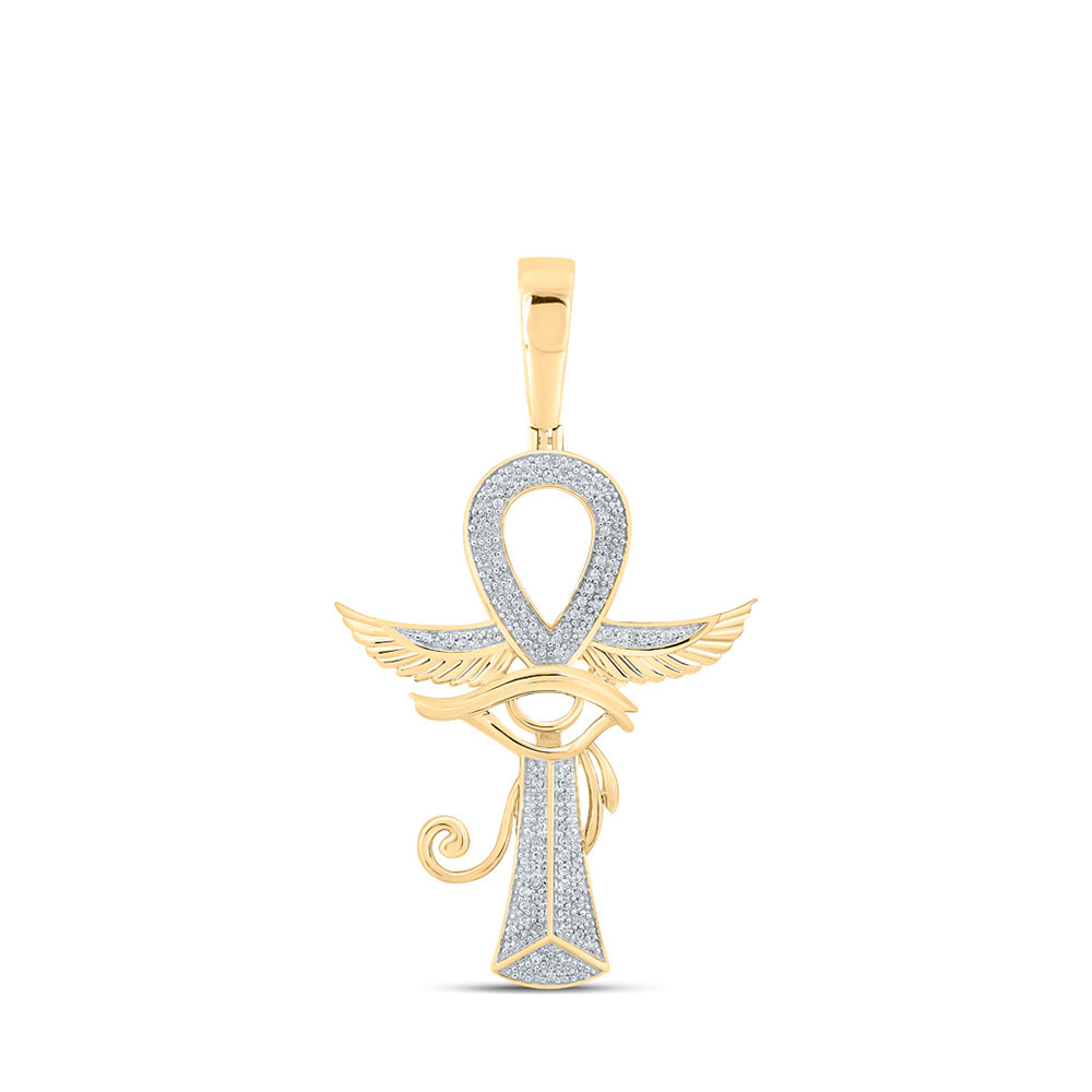 10K Yellow Gold Mens Round Diamond Ankh Eye Cross Charm Pendant 1/3 Cttw, Length: 1.94 In, Width: 1.14 In