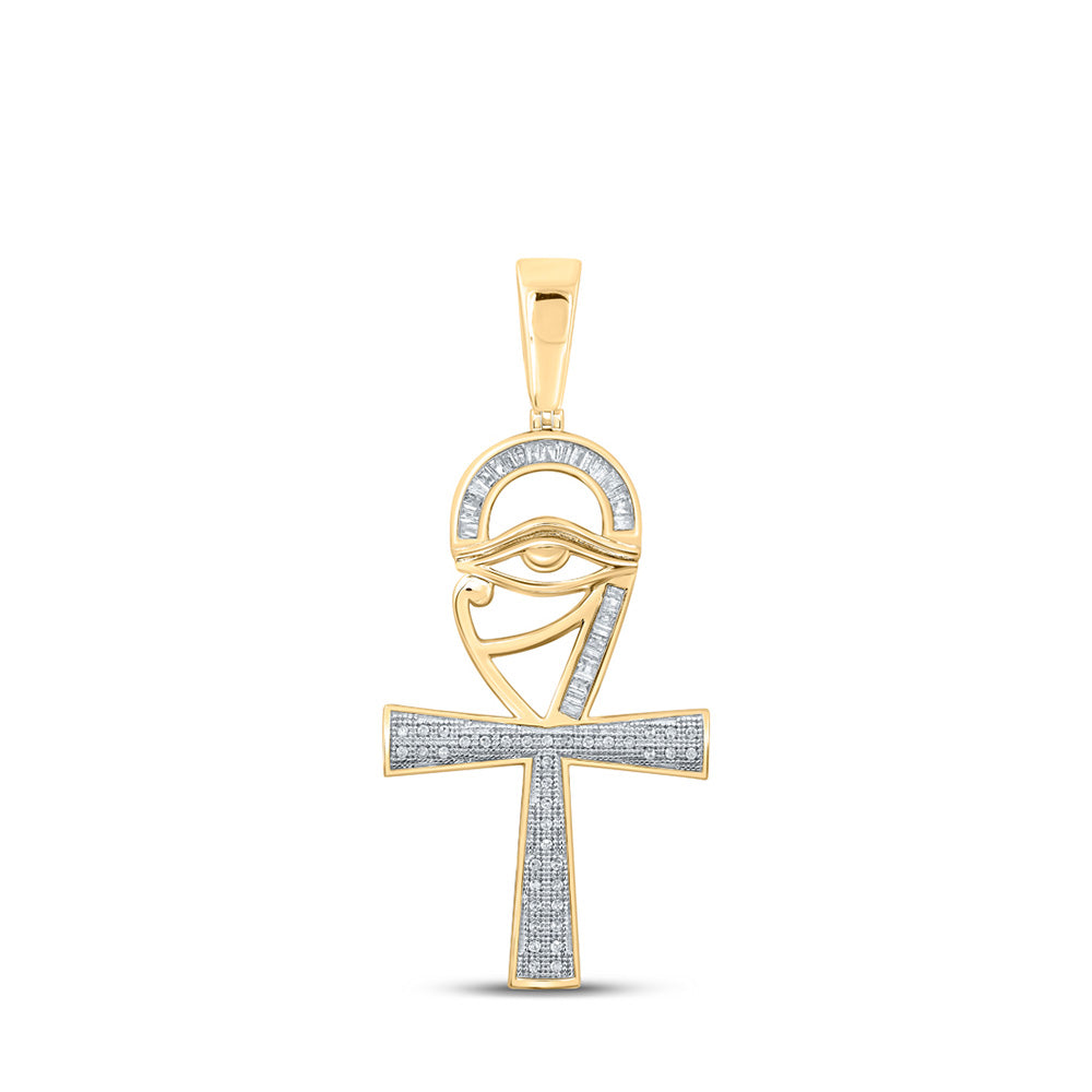 10K Yellow Gold Mens Baguette Diamond Ankh Eye Cross Charm Pendant 1/3 Cttw