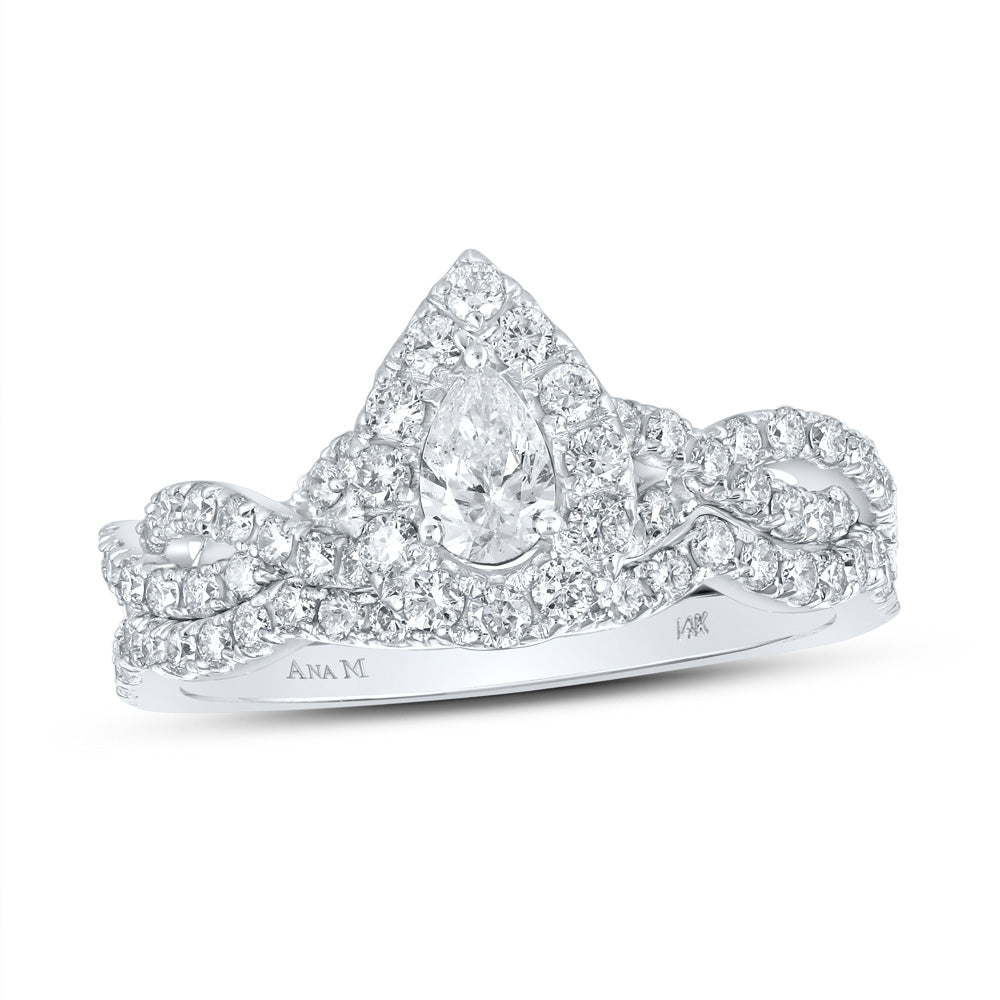 14K White Gold Pear Diamond Solitaire Halo Bridal Wedding Ring Band Set 1 Cttw, Womens Size: 5-10