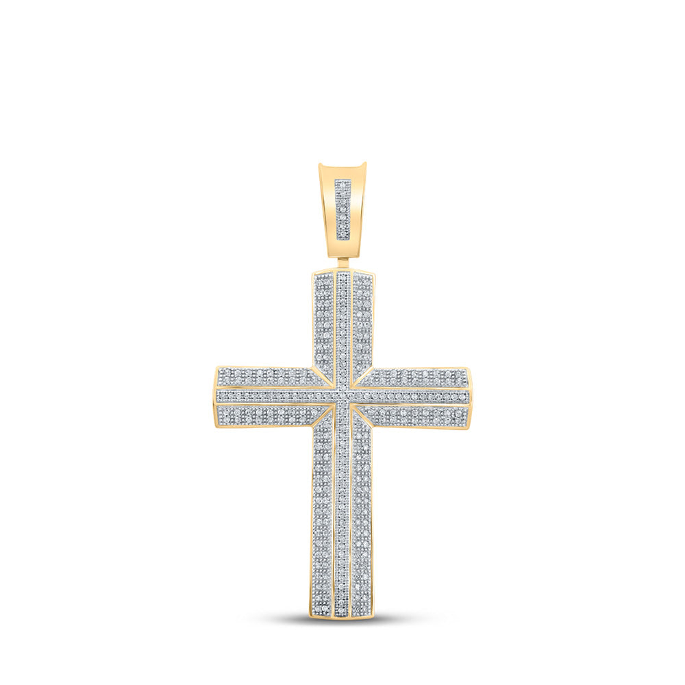 10K Yellow Gold Mens Round Diamond Cross Charm Pendant 3/4 Cttw