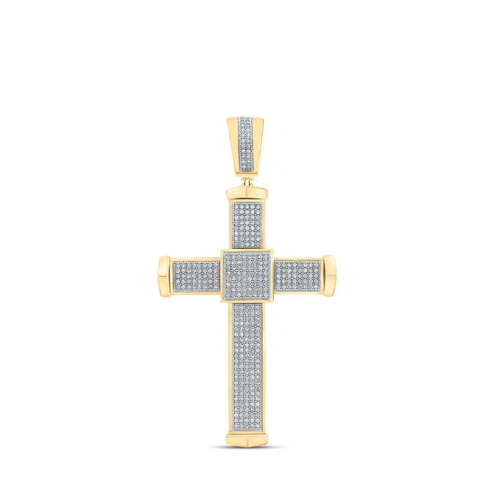 10K Yellow Gold Mens Round Diamond Cross Charm Pendant 1 Cttw