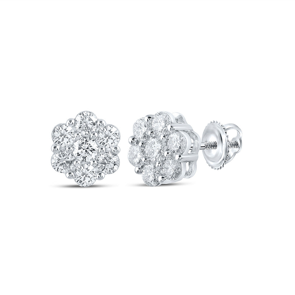 14K White Gold Womens Round Diamond Cluster Earrings 1-1/2 Cttw