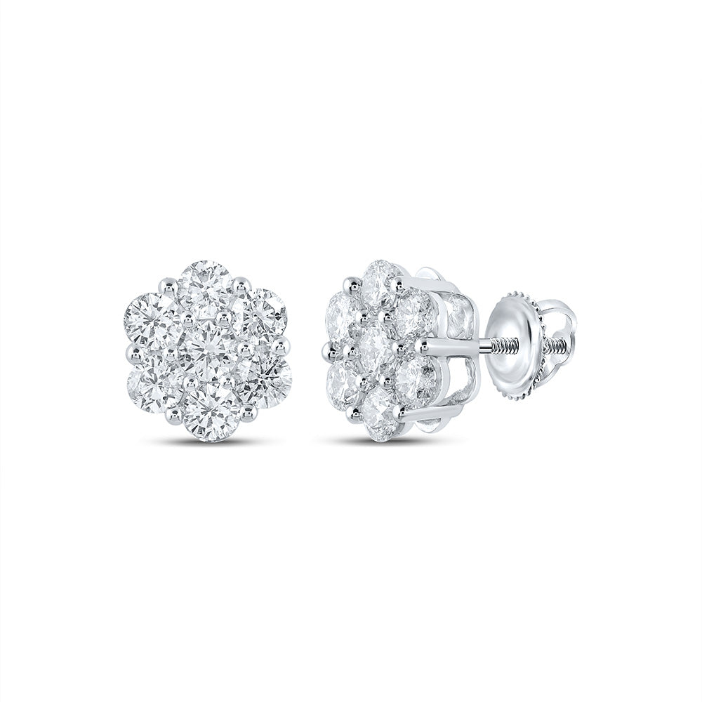 14K White Gold Womens Round Diamond Flower Cluster Earrings 1-3/4 Cttw