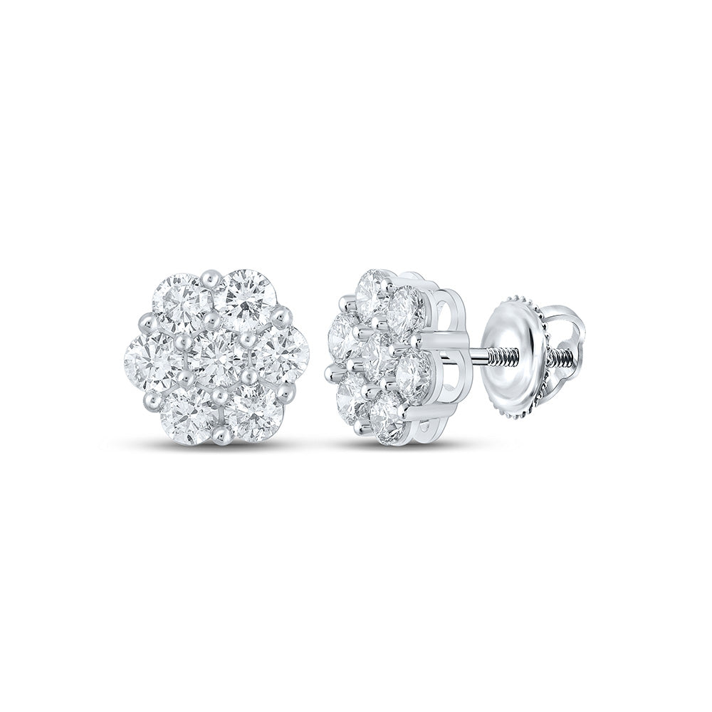 14K White Gold Womens Round Diamond Flower Cluster Earrings 2-3/4 Cttw
