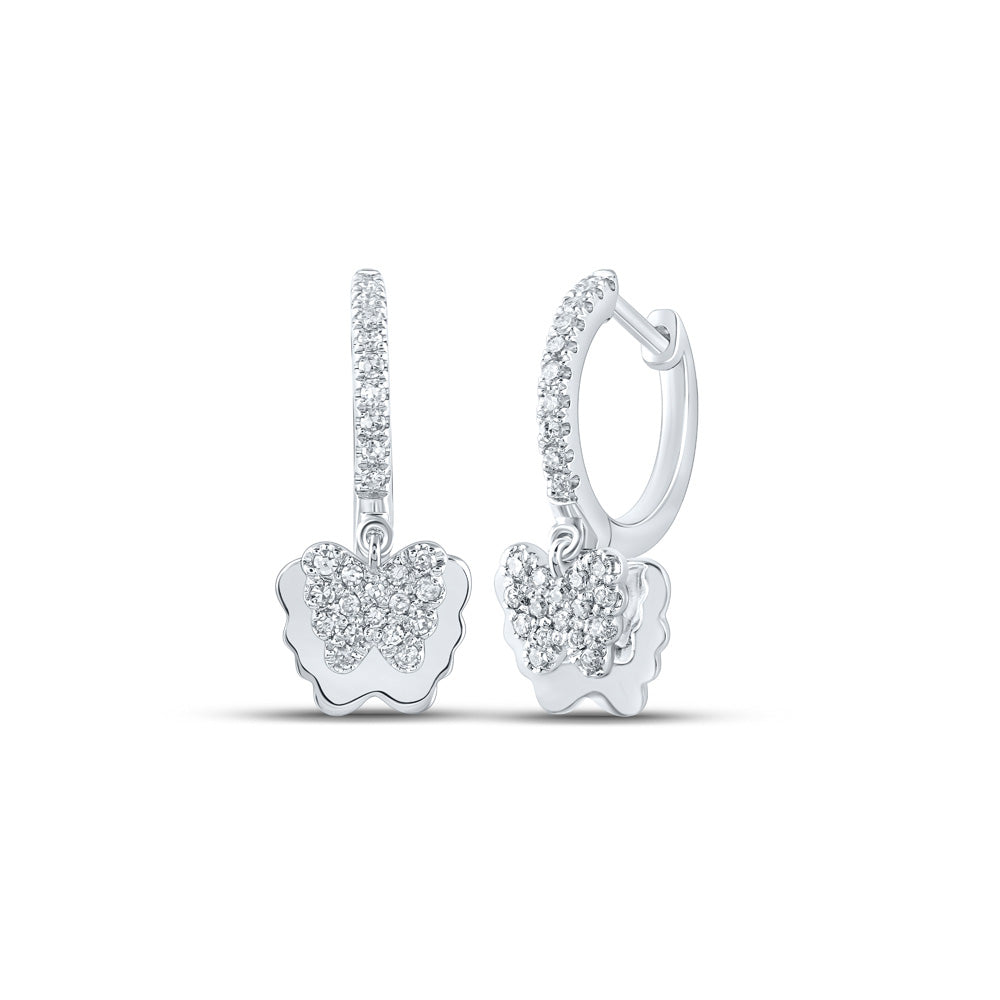 10K Yellow Or White Or Rose Gold Womens Round Diamond Dangle Hoop Butterfly Earrings