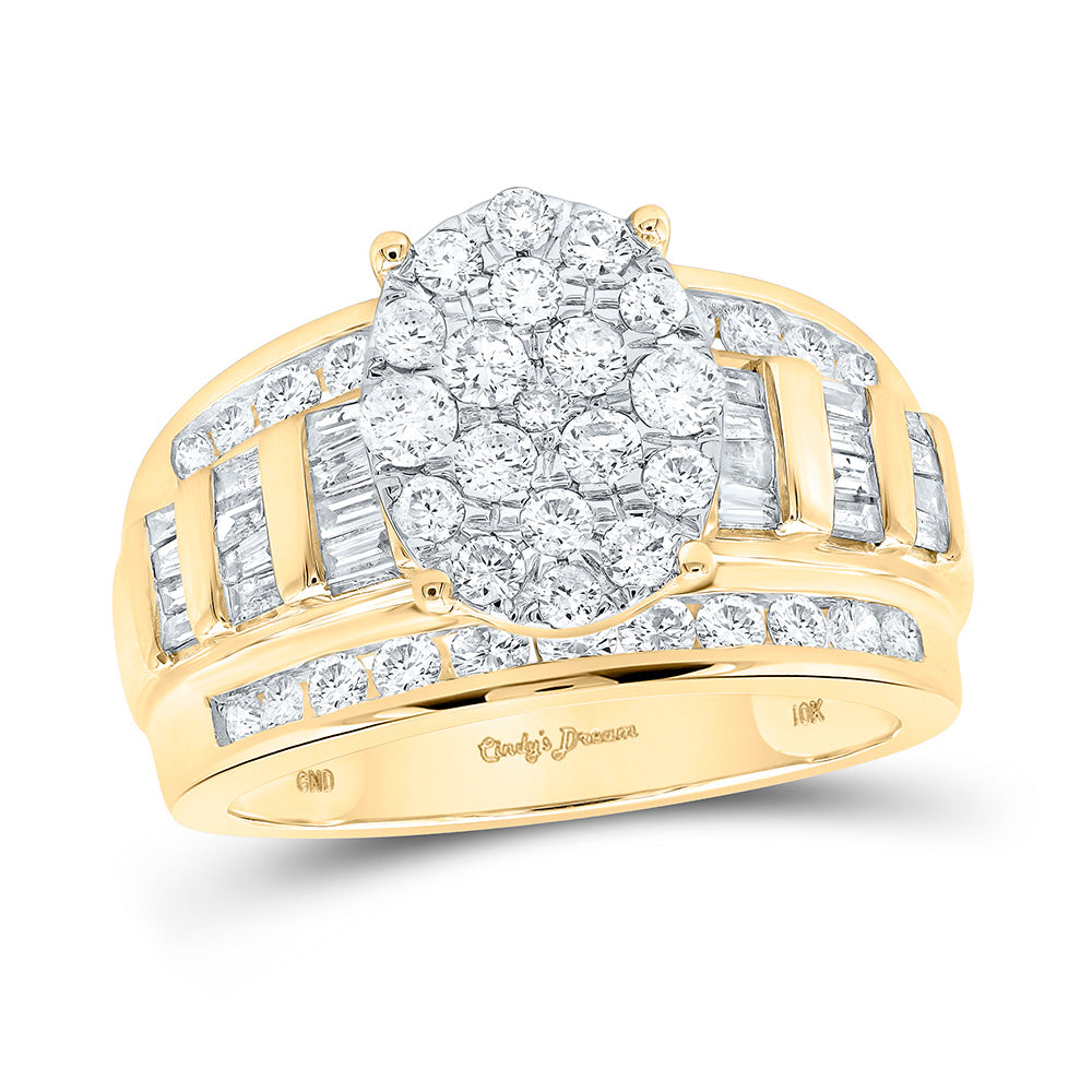 10K Yellow Gold Round Diamond Cluster Bridal Wedding Engagement Ring 1-1/2 Cttw, Womens Size: 5-10