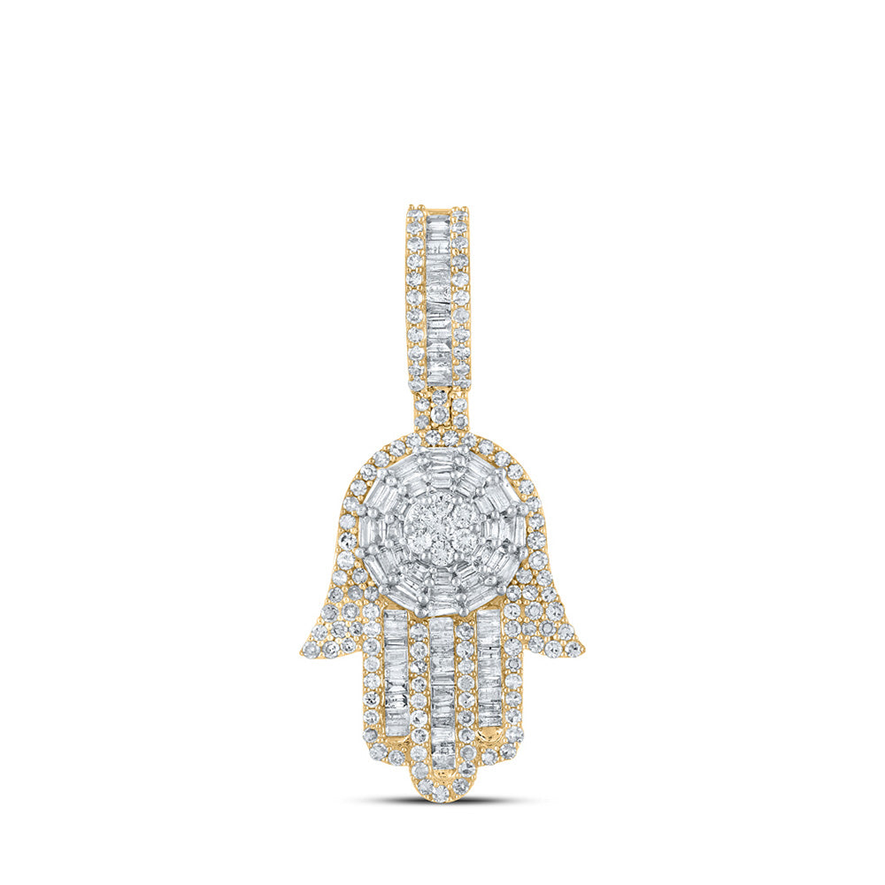 10K Yellow Gold Mens Baguette Diamond Hamsa Charm Pendant 1-5/8 Cttw, Length: 1.61 In