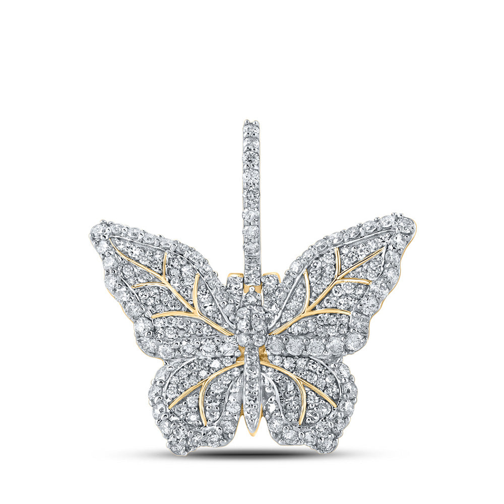 10K Yellow Gold Mens Round Diamond Butterfly Charm Pendant 1-1/2 Cttw, Length: 1.2 In, Width: 1.12 In
