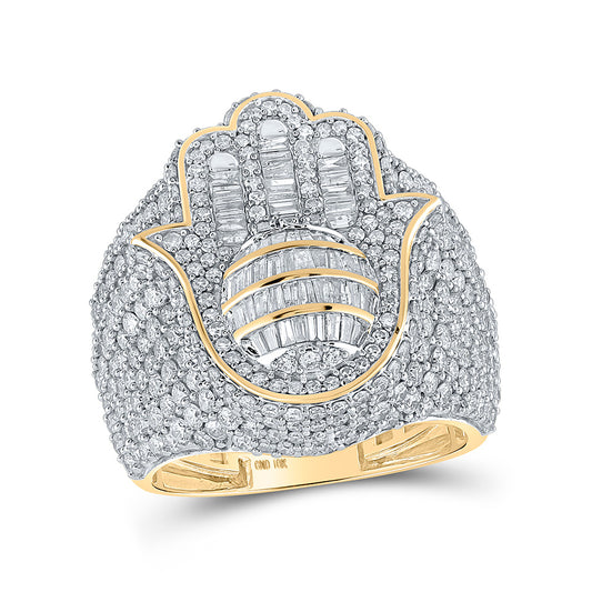 10K Yellow Gold Mens Baguette Diamond Hamsa Ring 5-1/3 Cttw, Mens Size: 7-13