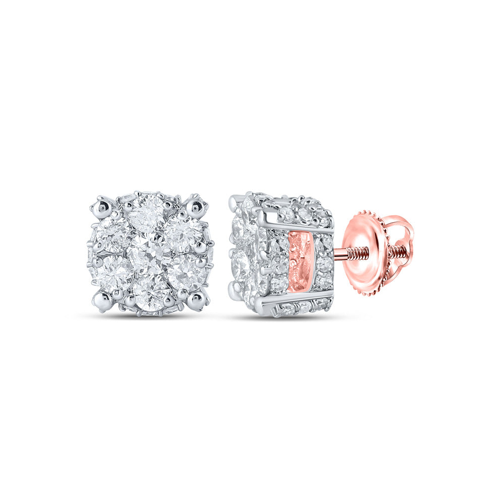 10K Yellow Or White Or Rose Gold Womens Round Diamond Flower Cluster Earrings
