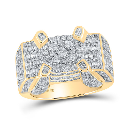 10K Yellow Gold Mens Round Diamond Cluster Ring 2-5/8 Cttw, Mens Size: 7-13