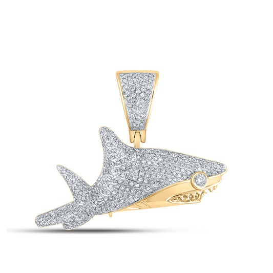 10K Yellow Gold Mens Round Diamond Shark Charm Pendant 1 Cttw