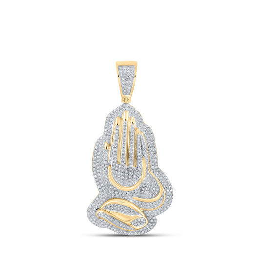 10K Yellow Gold Mens Round Diamond Praying Hands Charm Pendant 1-1/3 Cttw, Length: 2.04 In, Width: 0.98 In